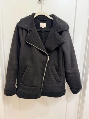 LOFT Black Faux Shearling Zip-Front Jacket